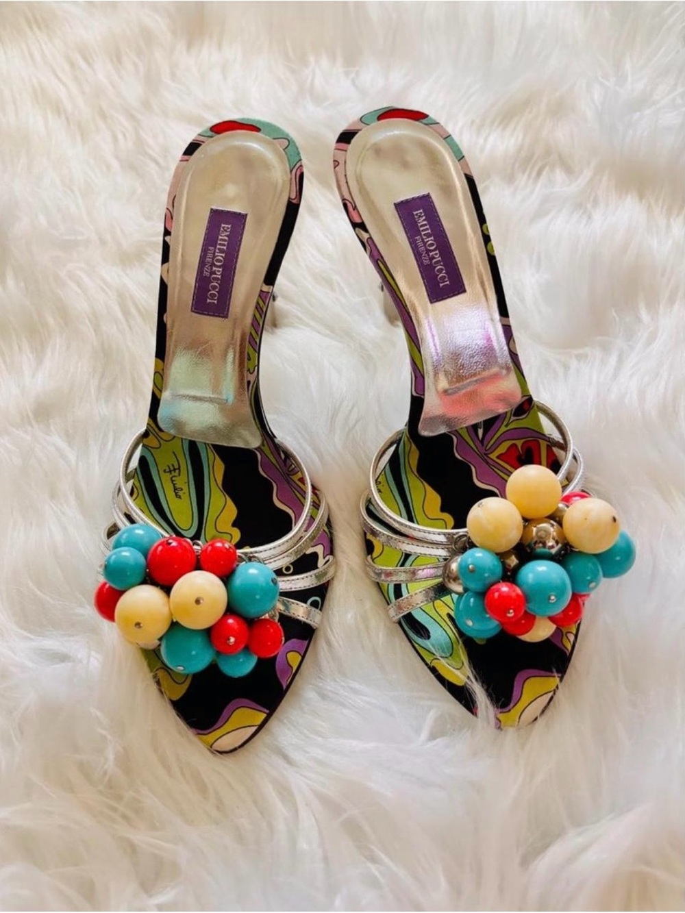Emilio Pucci Multicolor Beaded Mule Slides - Turquoise/Red/Cream